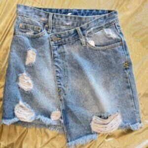 Light Wash Distressed Denim Mini Skirt Raw Hem Asymmetrical